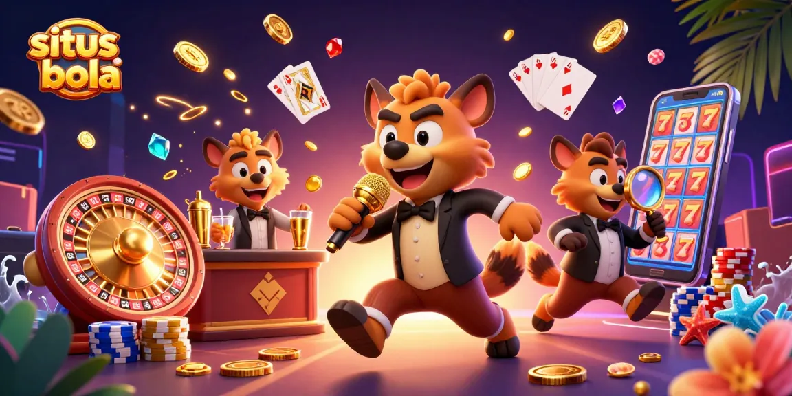 Experience fun at situs judi bola with comedic hyenas and dynamic casino excitement illustrated in 3D.