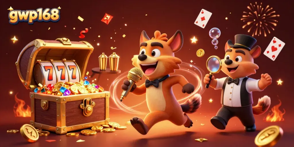 GWP168 menghadirkan hyena lucu di klub kasino, menghibur dengan permainan slot dan harta karun di sekitarnya