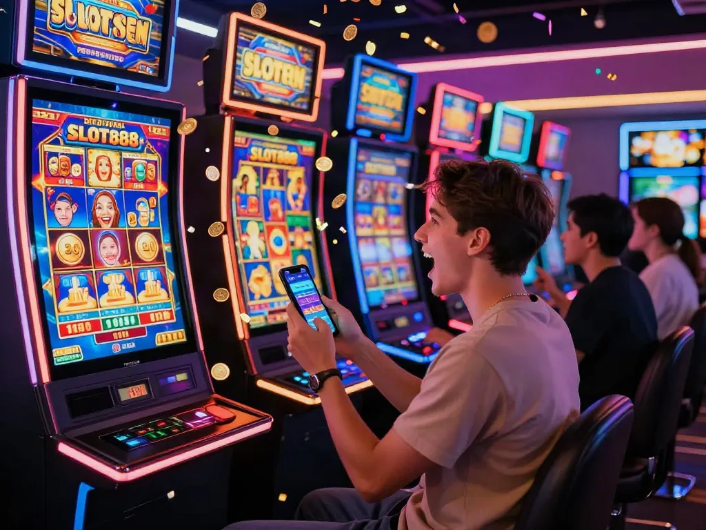 Player celebrating a slot jackpot win at SLOT888, surrounded by vibrant slot machines and digital excitement.