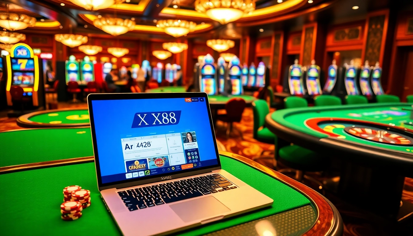 Spin and win at X88's vibrant online casino with luxurious gaming tables and colorful slot machines.