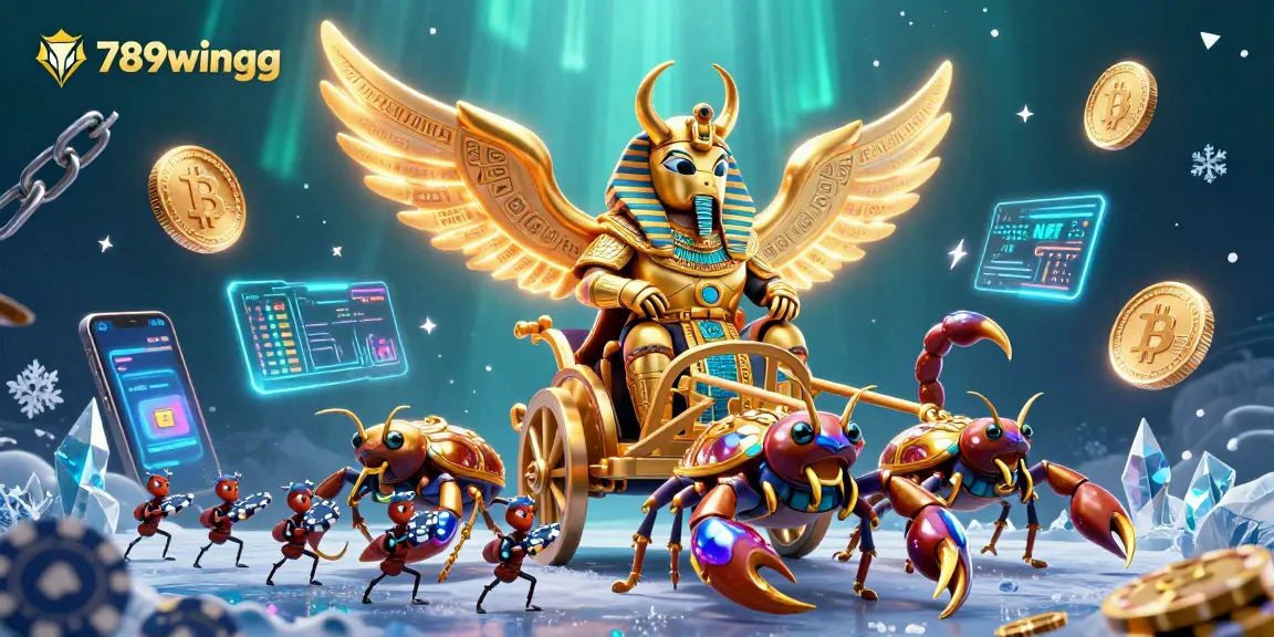 Feel the excitement at 789wingg with a thrilling scene of gaming featuring a golden scarab and scorpions.