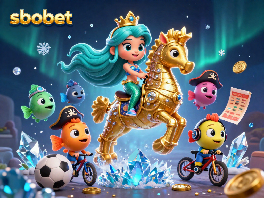 Sbobet sports betting promotions featuring a mermaid princess and colorful fish in a vibrant 3D illustration.