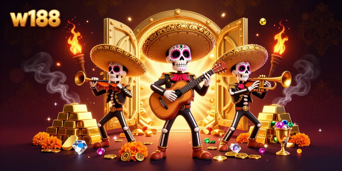 Engage with the vibrant casino world at w188 featuring a Day of the Dead mariachi band amidst gold and jewels.