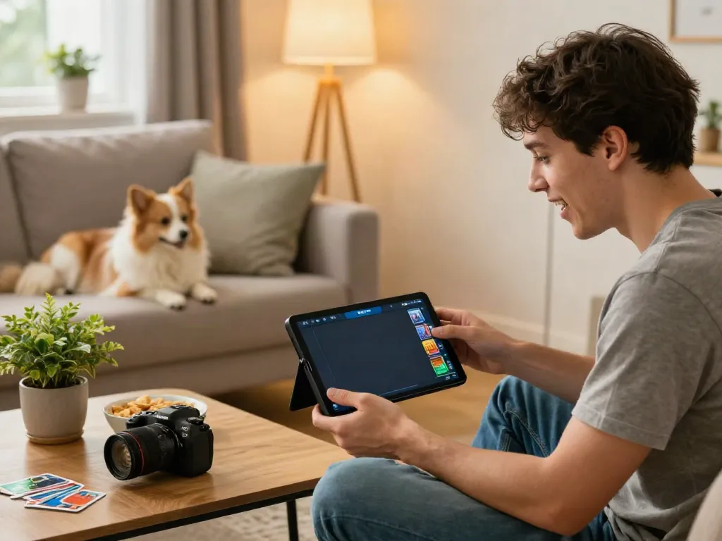 Player enjoying Rumble Rummy on smartphone in cozy living room, showcasing a vibrant gaming atmosphere.