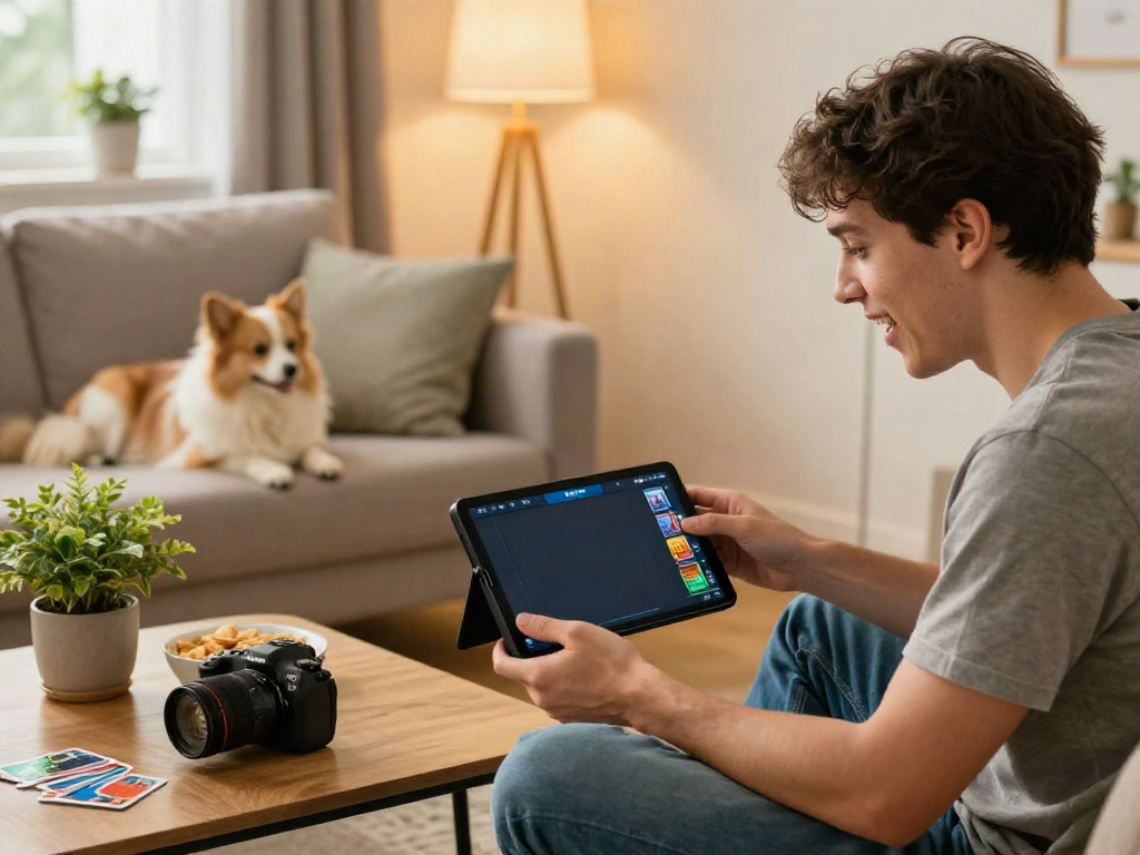Player enjoying Rumble Rummy on smartphone in cozy living room, showcasing a vibrant gaming atmosphere.