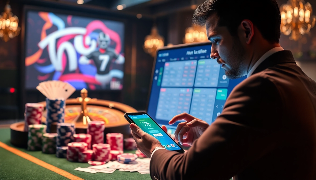 Engaging in สมัครแทงบอล on a vibrant online betting platform, showcasing poker chips and betting slips.