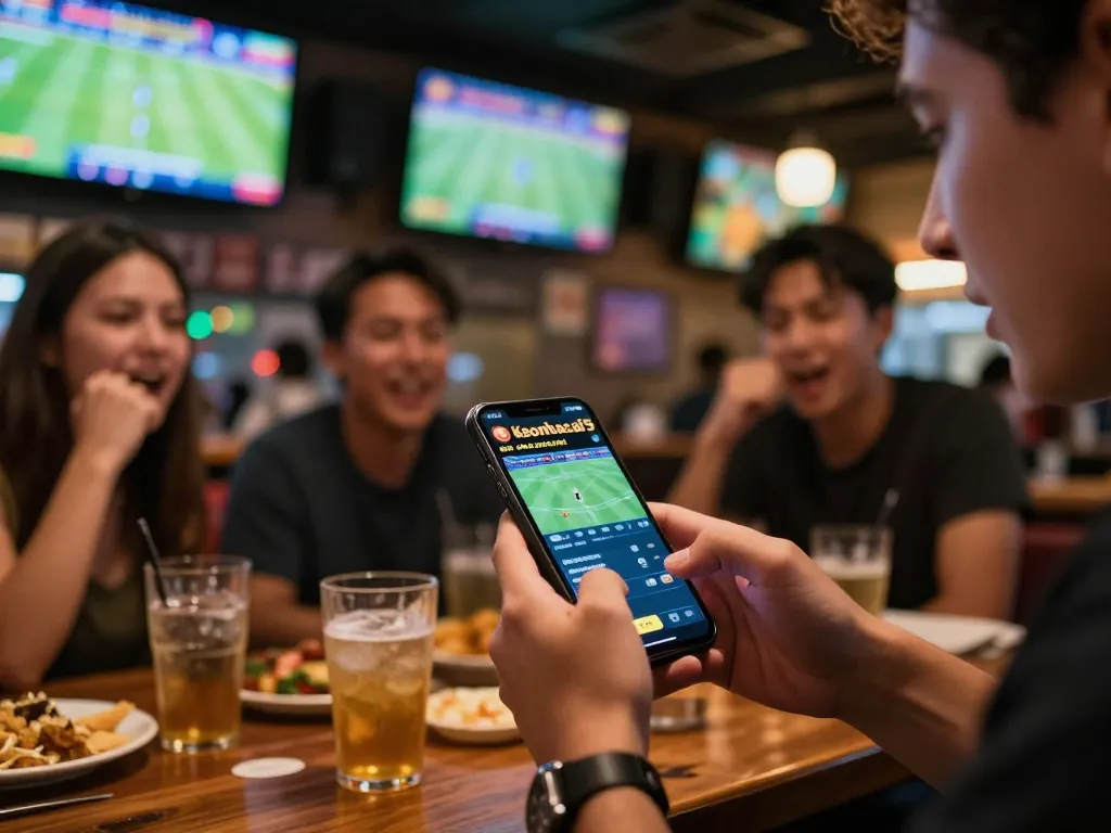 Engaged bettor using Keonhacai5 app for sports betting in a lively sports bar