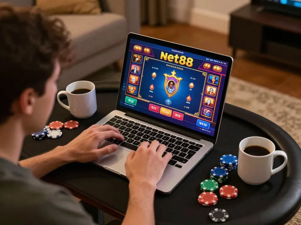 Engaged player using net88 online casino platform, focused on laptop screen with vibrant gaming graphics.