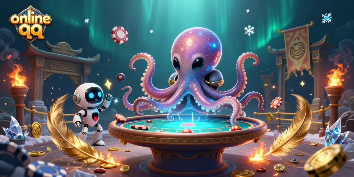 Engage with online qq through an alien octopus at a holographic poker table, showcasing a vibrant casino atmosphere.