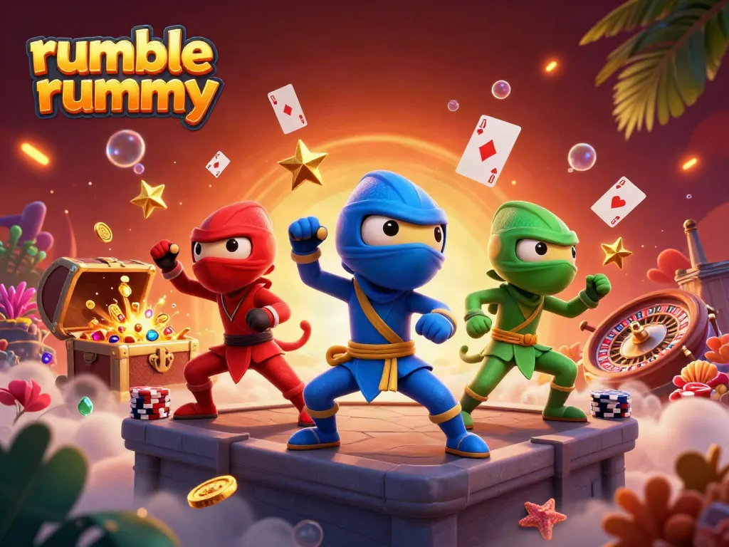 Engage with Rumble Rummy's dynamic casino scene featuring chameleons, cards, and vibrant gameplay.