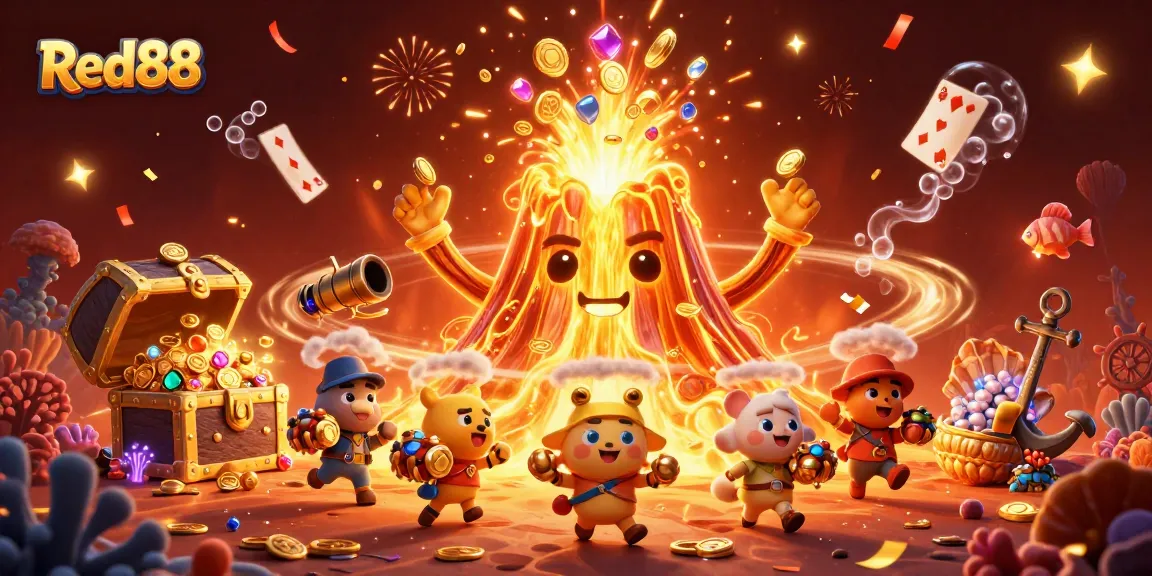 Experience thrilling wins at Red88 with a vibrant 3D casino illustration showcasing excitement and treasure.