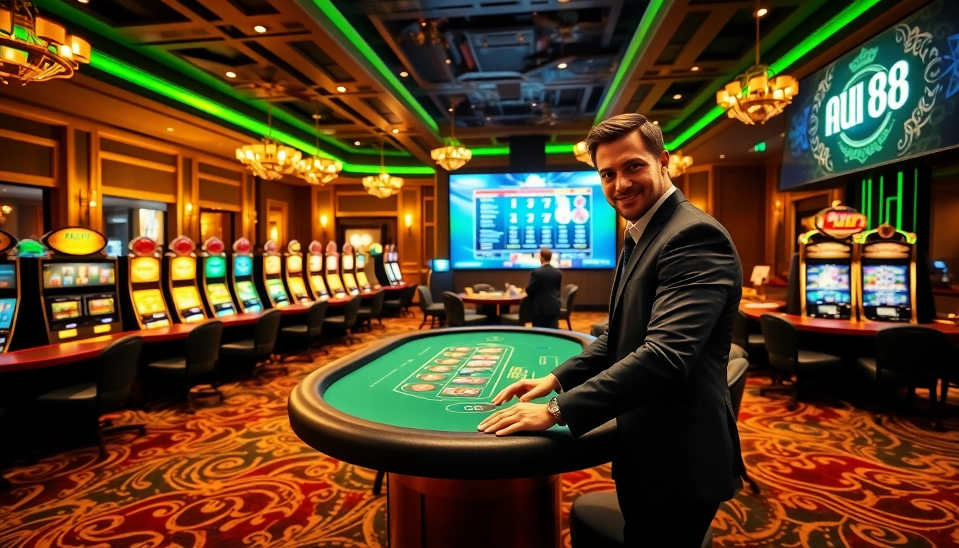 Players engage in thrilling casino gaming activities at AU88, showcasing poker tables and vibrant slot machines.