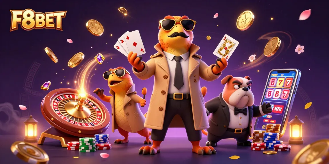 Join F8BET's vibrant VIP experience with raptors, a bouncer, and sparkling casino elements!
