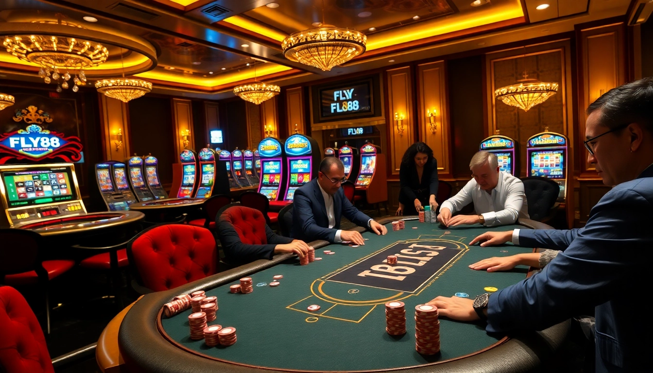 FLY88 branded poker tables bustling with excitement in a luxurious casino setting.