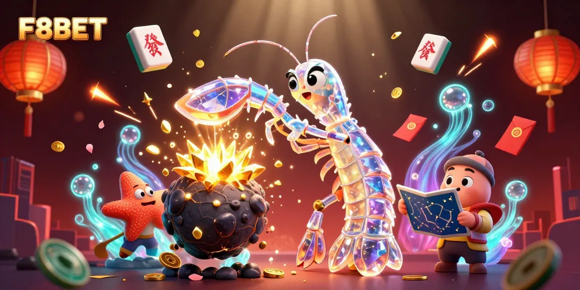 Experience thrilling games at F8BET with a vibrant illustration of a galactic shrimp and starfish amidst stunning casino elements.