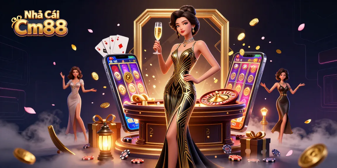 Experience the thrill of Nhà Cái Cm88 with a glamorous Asian woman among casino elements and games.