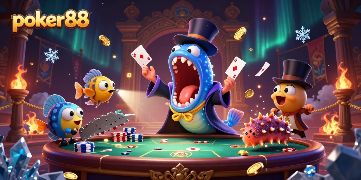 Mulai bermain di poker88 dengan kartun belut gulper bioluminescent yang menunjukkan trik kartu dalam adegan magis.