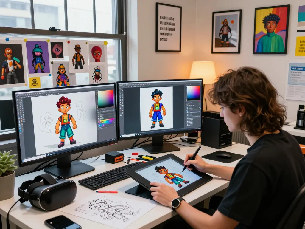 NSFW AI character design session in vibrant urban art studio with digital tools and creative atmosphere.