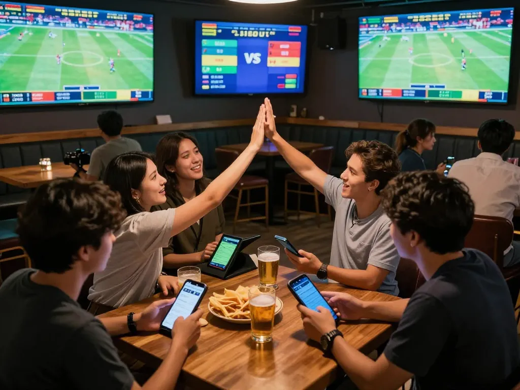 Active sports betting scene featuring tin soi kèo with friends celebrating a winning bet at a sports bar.