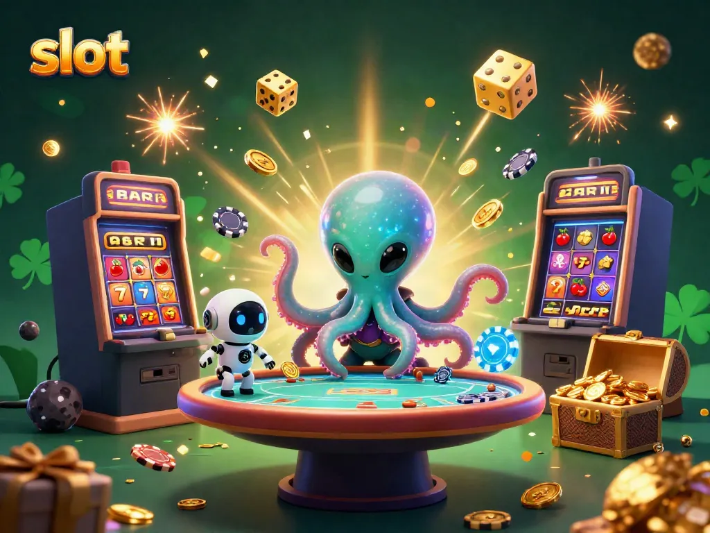 Slot mesin memberikan jackpot dengan alien gurita dan robot, permainan kasino futuristik.