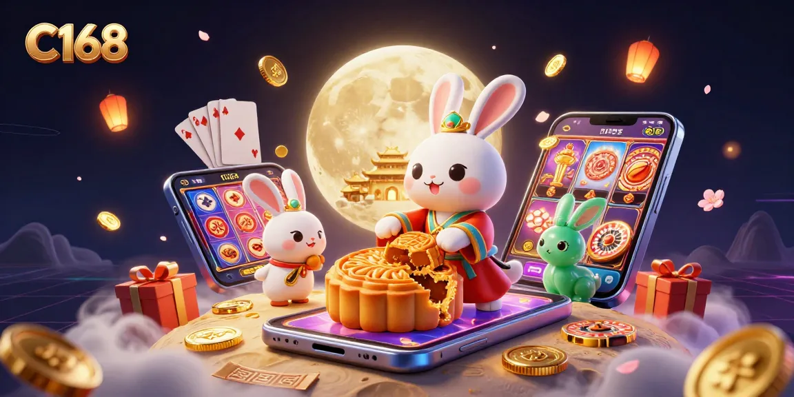C168 brings excitement with a lively 3D illustration featuring a folklore moon rabbit and animations of casino games.