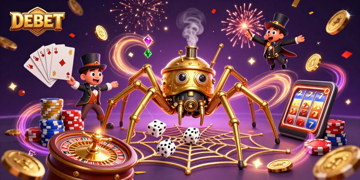 Engage with DEBET's thrilling gambling adventure featuring golden spider and poker elements.