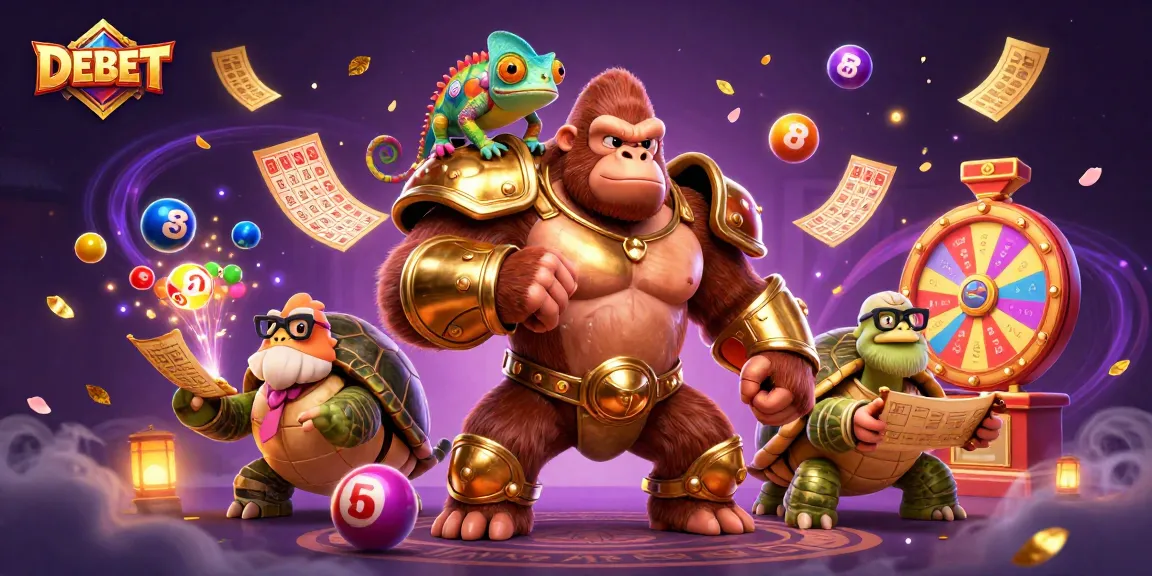 Engage with DEBET lottery excitement featuring vibrant characters and dynamic gambling elements.