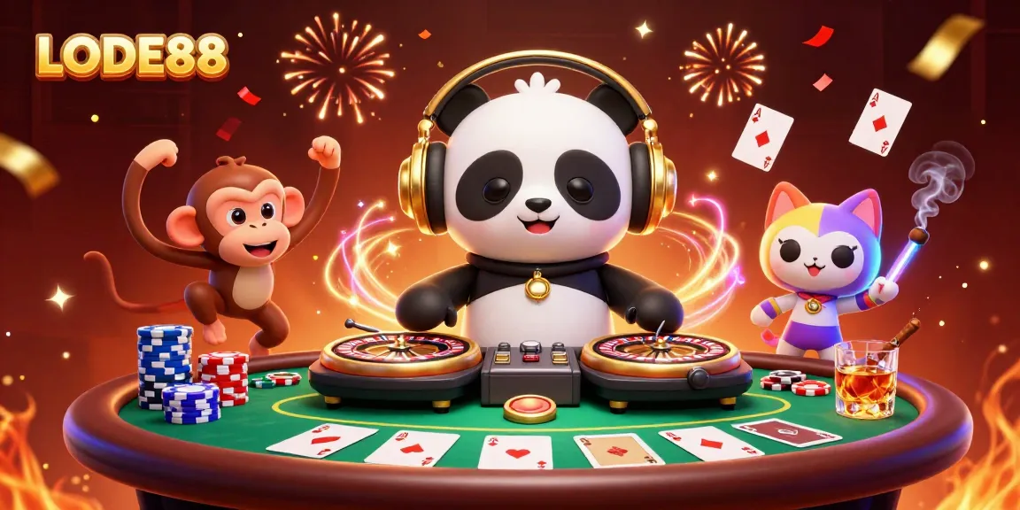 Spin and win with LODE88 and vibrant casino characters in a lively 3D illustration.