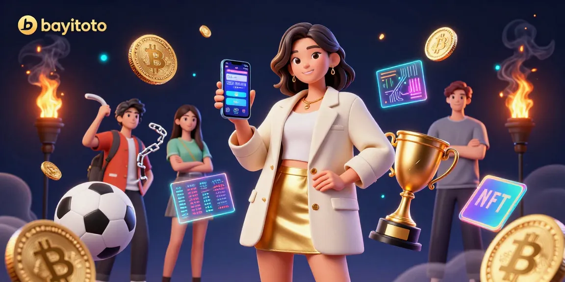 Engage with bayitoto's dynamic betting scene featuring a modern Asian woman with a smartphone, sports elements, and cryptocurrency icons.