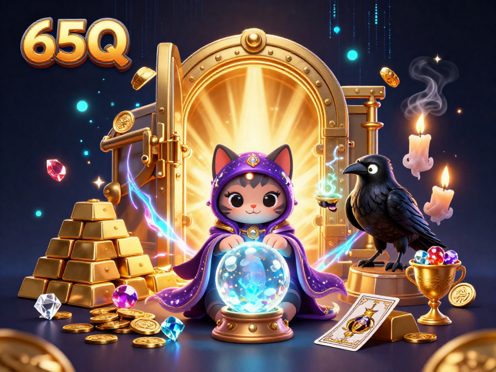 Explore o 65Q com uma gata mística e cartas de tarô em um cenário de cassino vibrante.