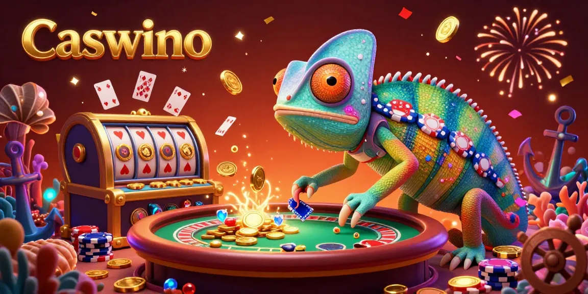 Caswino chameleon casino owner snapping golden coins surrounded by vibrant game elements and celebration confetti.