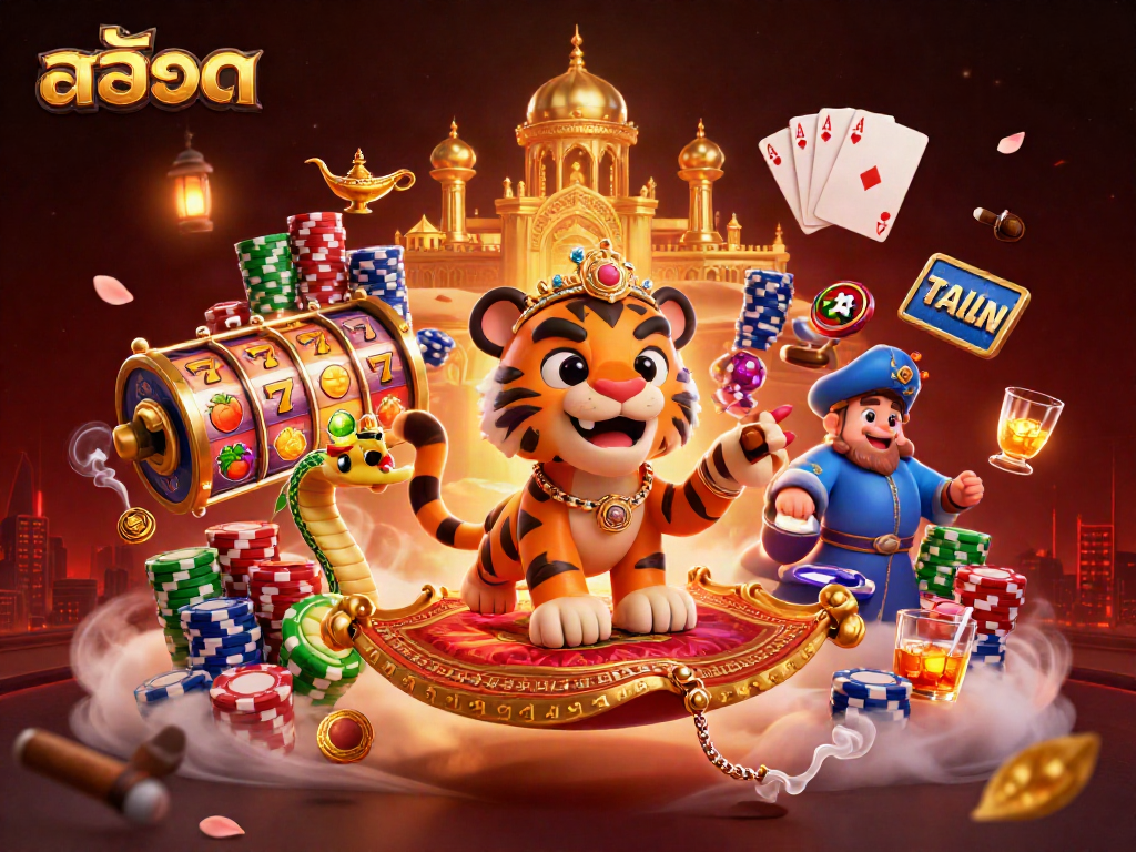 Engage with สล็อต featuring a lively, colorful 3D casino scene filled with characters and vibrant slot game symbols.