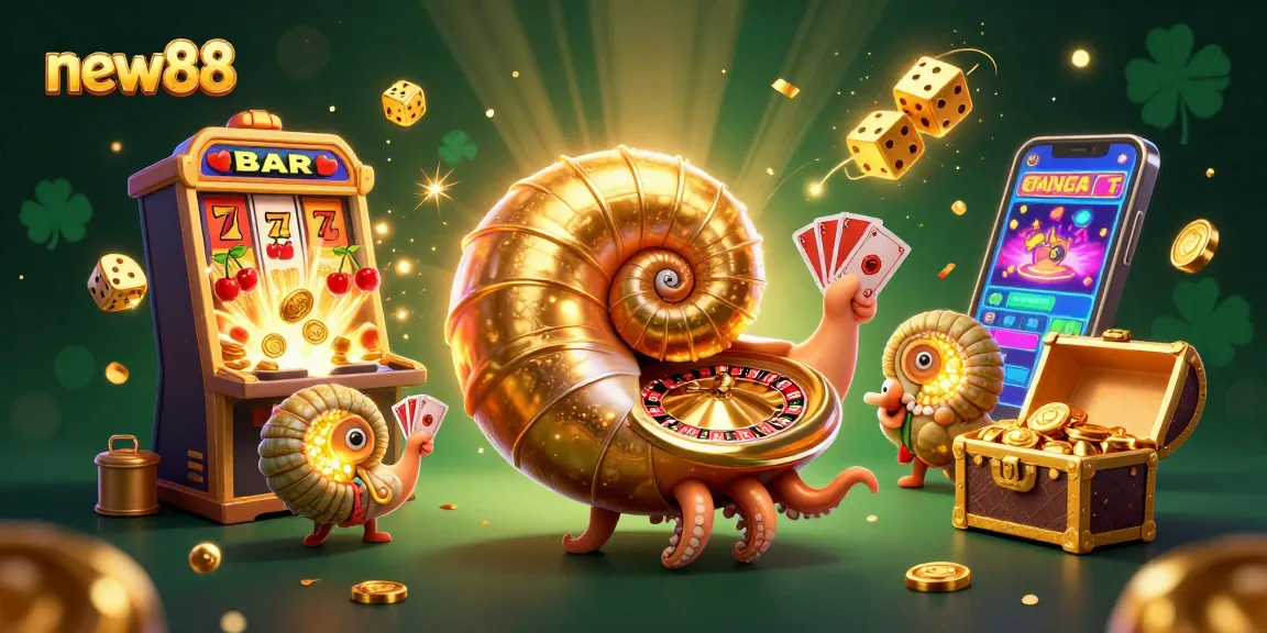 Engage in thrilling slots and jackpots at new88 with vibrant casino graphics and glowing treasures.