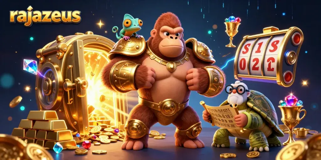 Gorilla raja dengan armornya, chameleon, dan kura-kura, berunas slot RajaZeus yang penuh harta.