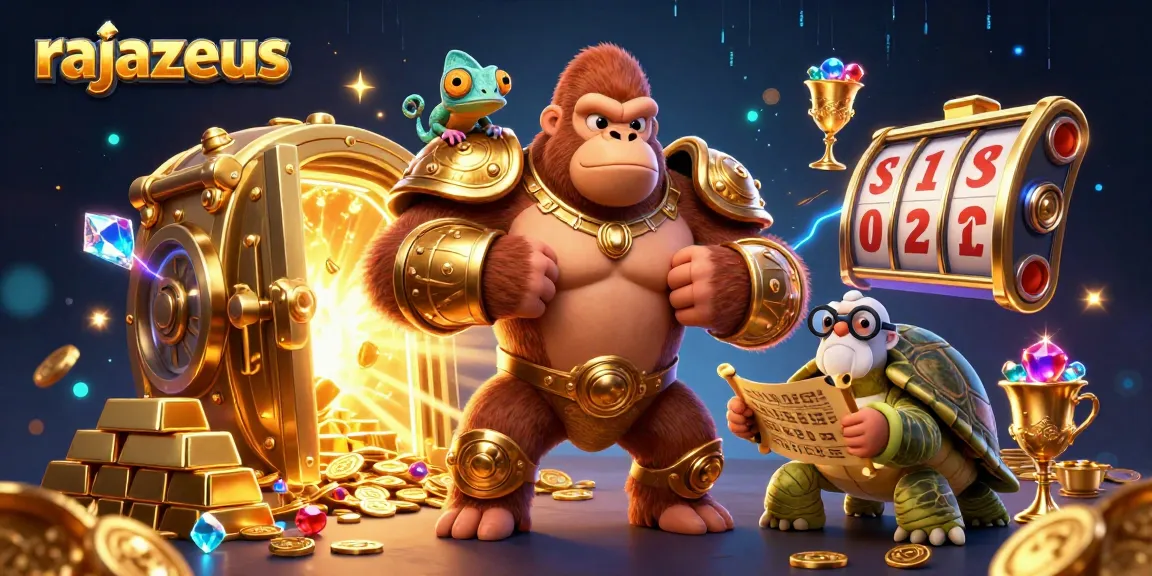 Gorilla raja dengan armornya, chameleon, dan kura-kura, berunas slot RajaZeus yang penuh harta.
