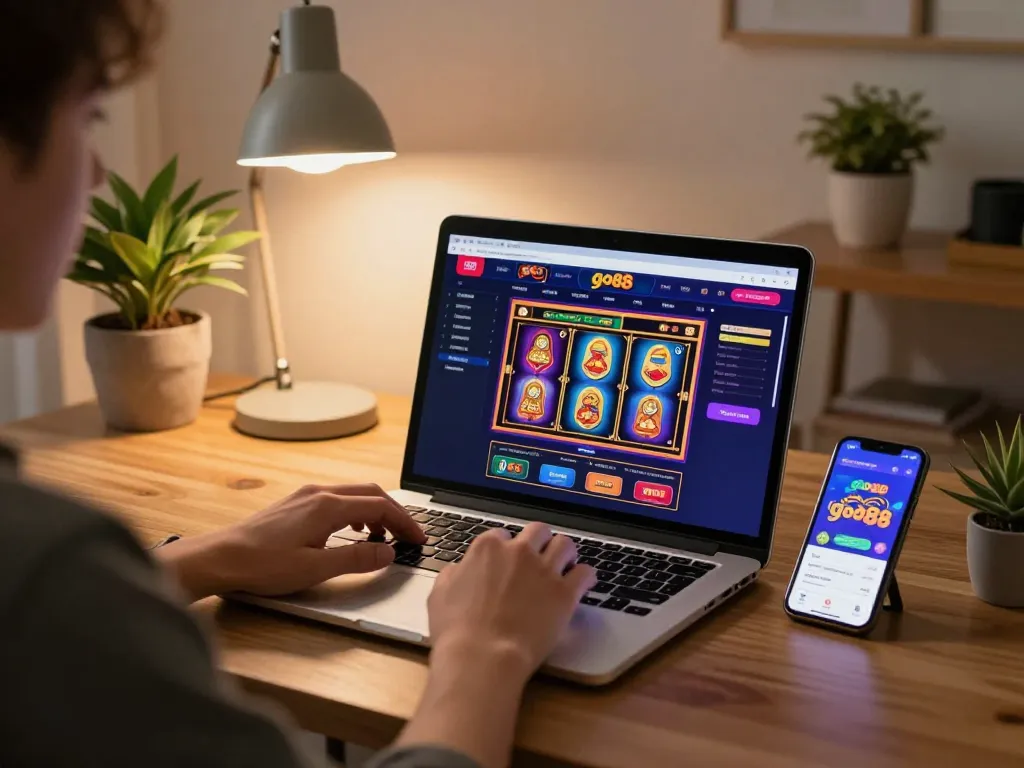 Engaging online gambler using go88 on a laptop, showcasing vibrant casino graphics and smartphone app.