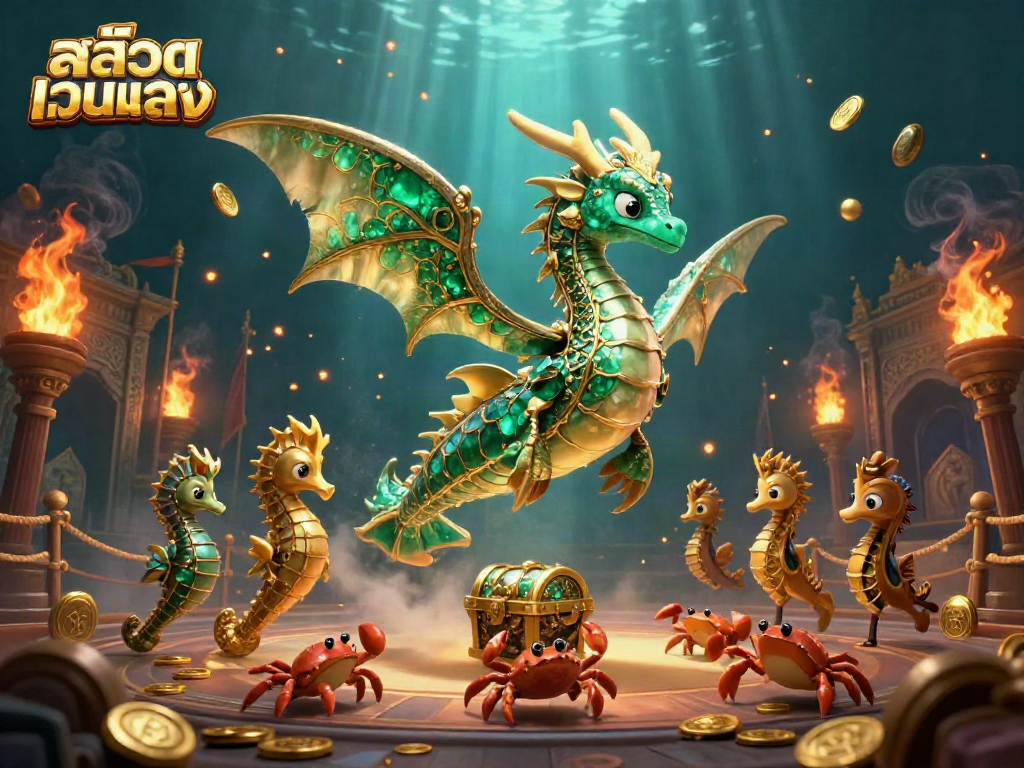 Explore the vibrant world of สล็อตเว็บตรง as a colorful emerald sea dragon guards treasures amidst a casino-like atmosphere.