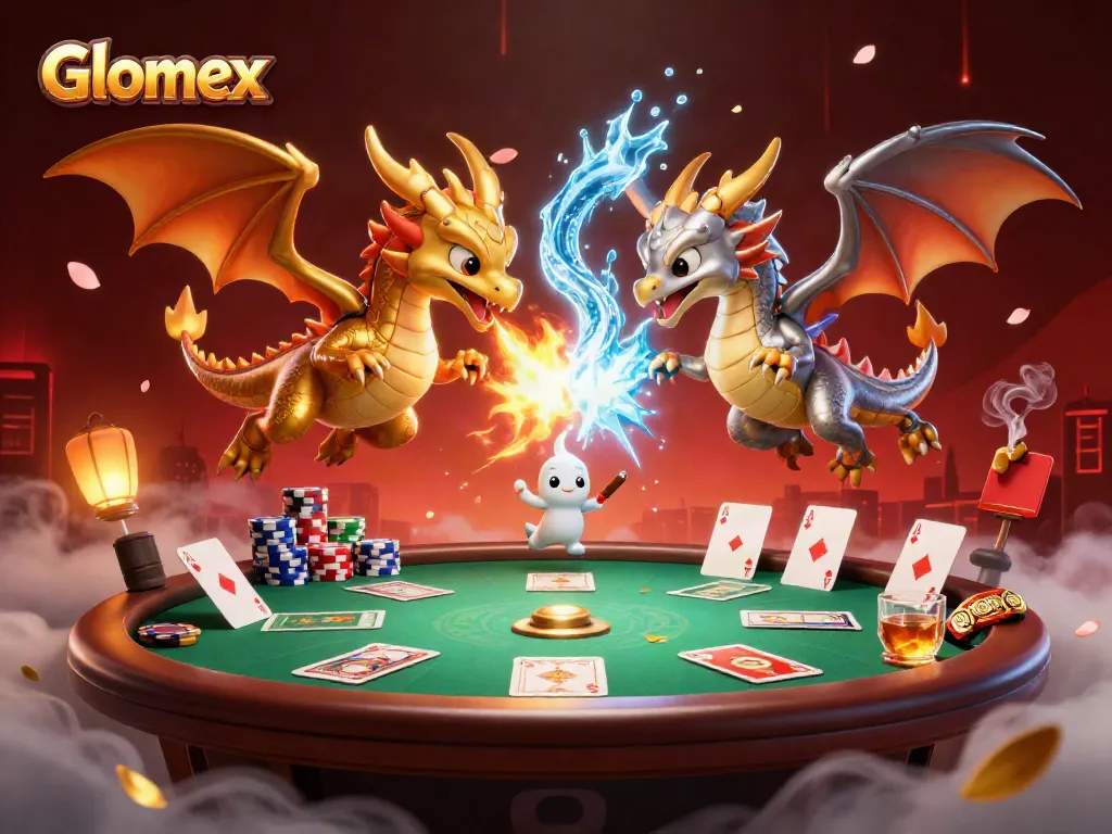Glomex engages in an epic poker battle with dragons, showcasing powerful gaming dynamics.