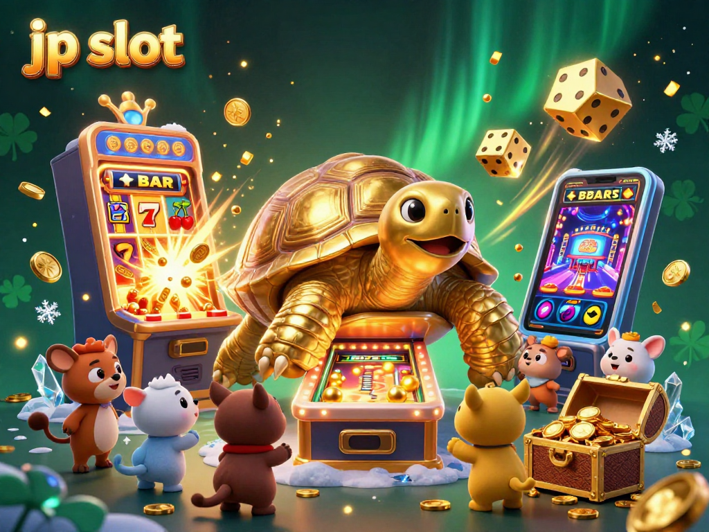 Engage in jp slot excitement with a vibrant 3D casino illustration featuring a colossal golden tortoise and thrilling game elements.