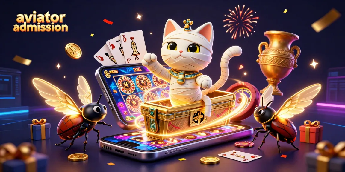 Aviator admission brings excitement with a mummy cat and scarab beetle in a vibrant casino scene.