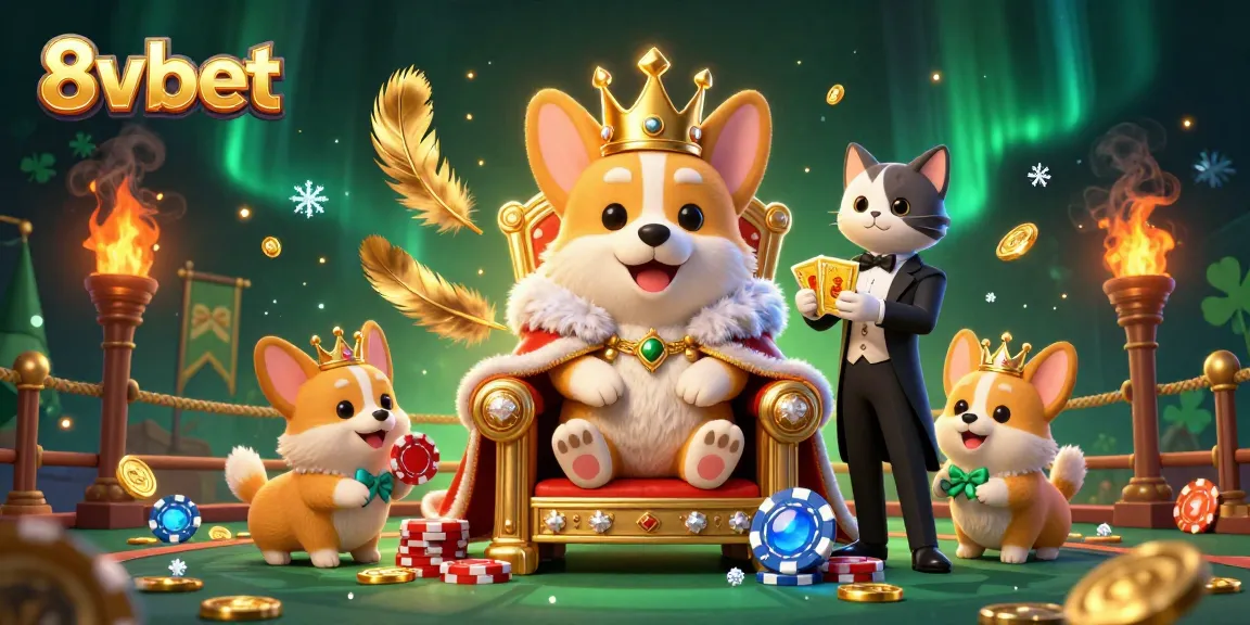 Engage in thrilling games with 8vbet, featuring a regal corgi on a poker chip throne and a cat butler.