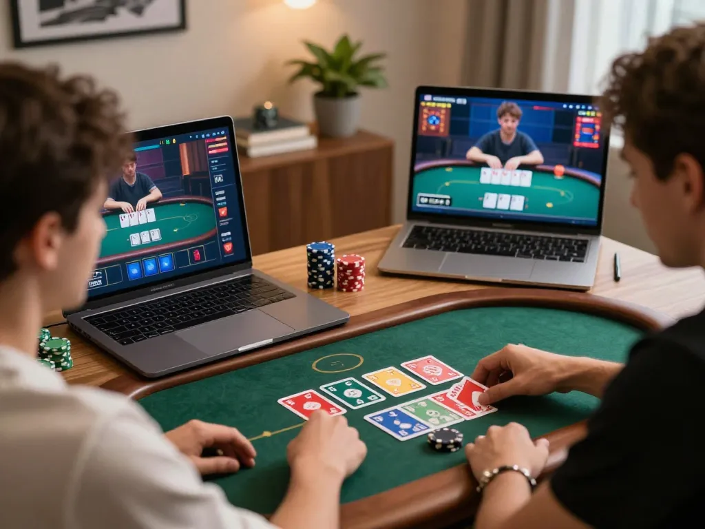Players strategically engaging in online poker game on go8 platform with multiple screens