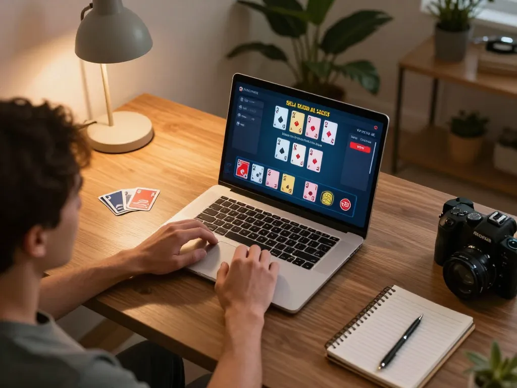 Play blackjack online at nk88 with an engaging home gaming setup showcasing strategy notes and a cozy ambiance