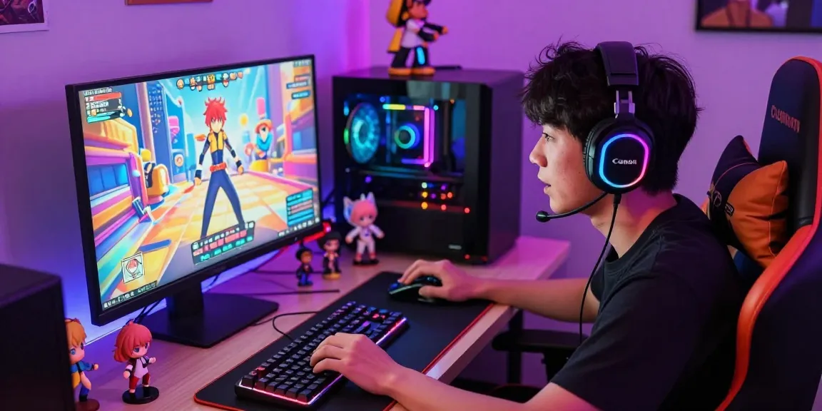 Immersive scene of a player enjoying a hentai game with vibrant anime-themed decorations.