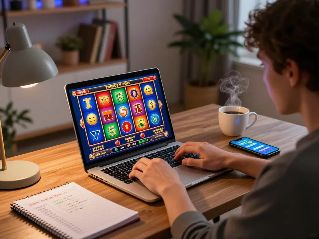 Participating in mb88 slot gaming with laptop and strategy notes in cozy home setting
