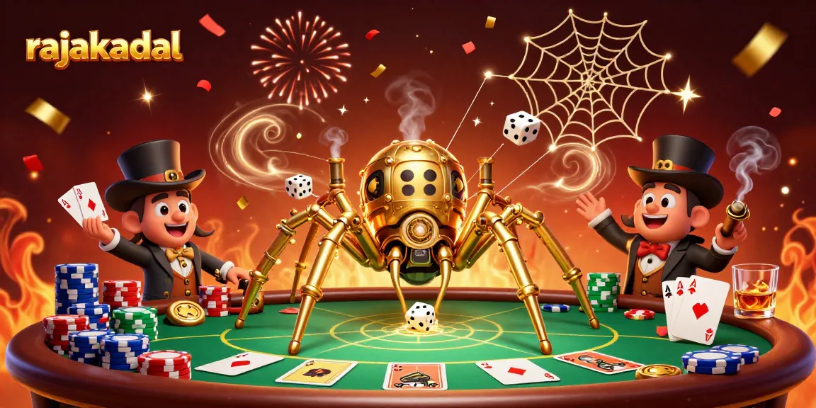 Permainan judi slot di rajakadal dengan laba-laba emas steampunk dalam suasana meriah.