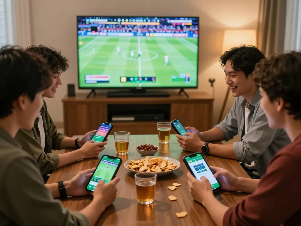 Placing bets on tỷ lệ kèo nhà cái with friends in a lively sports betting atmosphere.