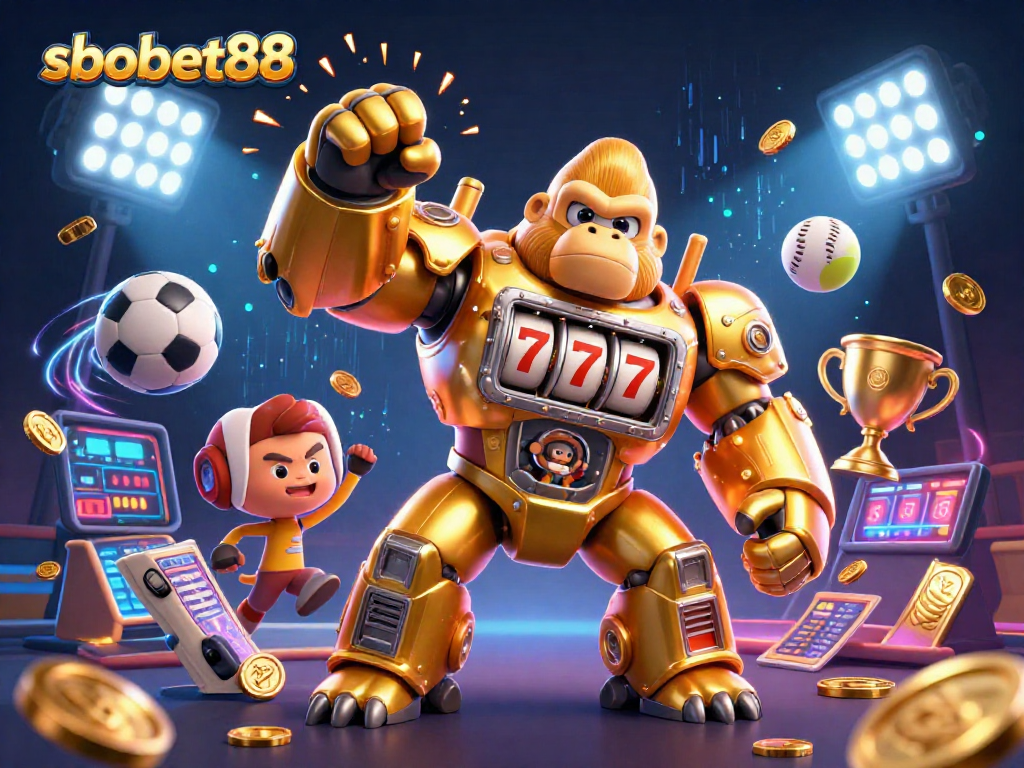 Experience thrilling sports betting action with sbobet88, featuring a dynamic gorilla mech and vibrant game elements.