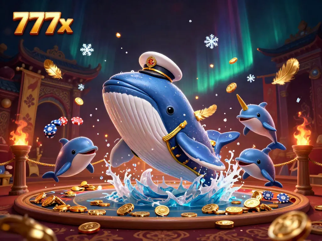 Enjoy the vibrant world of 777x casino with a whale captain, narwhal, and dolphins dazzling with poker chips.