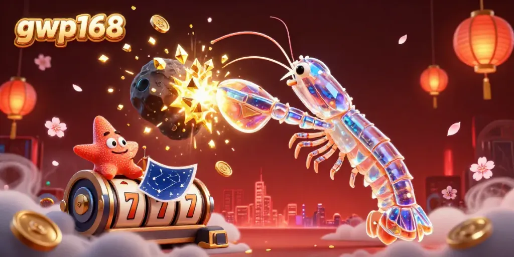 Menangkan dengan gwp168: ilustrasi 3D menggambarkan simbol slot berkilau di latar belakang yang berwarna.